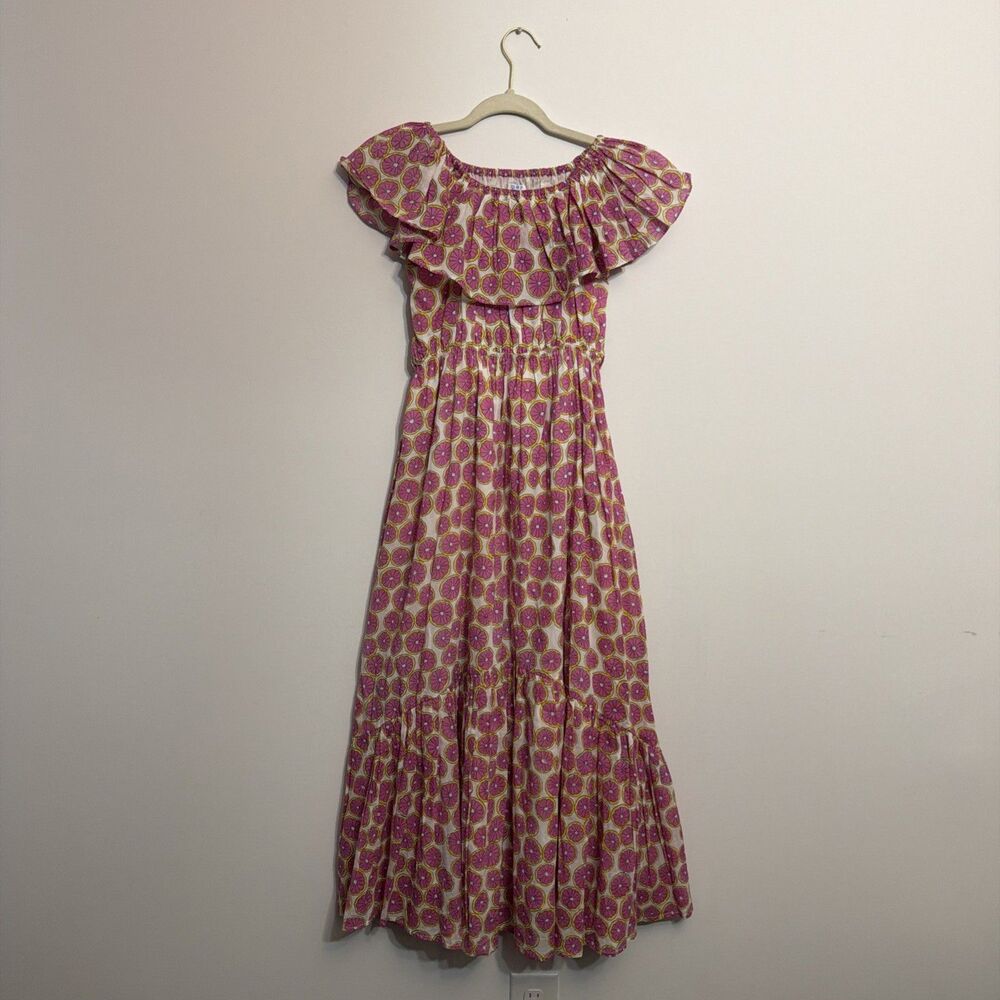Mer St Barth Benoite Dress Off Shoulder Citrus Pink Print - Small